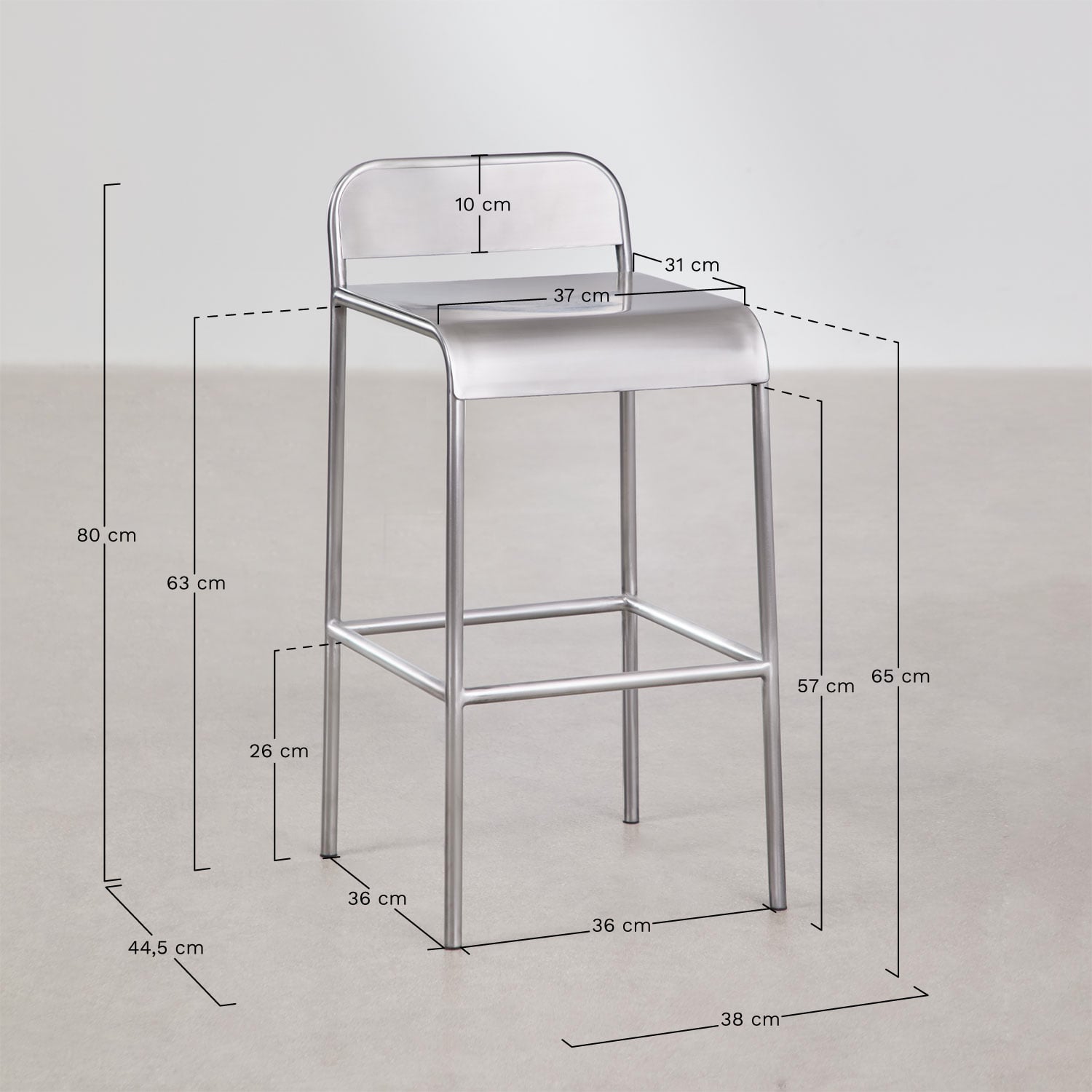 Pack of 4 high stools in stainless steel Narnial, MEASURES