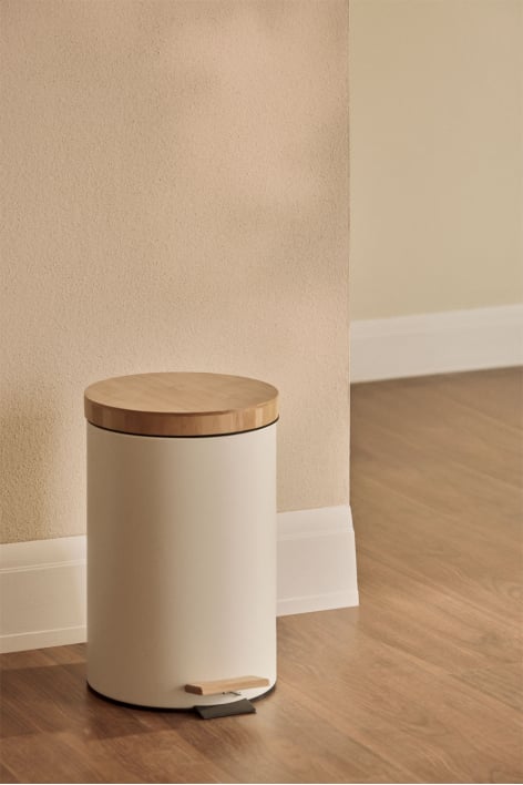 Sosua pedal bin in galvanized steel and bamboo - Tapioca Beige