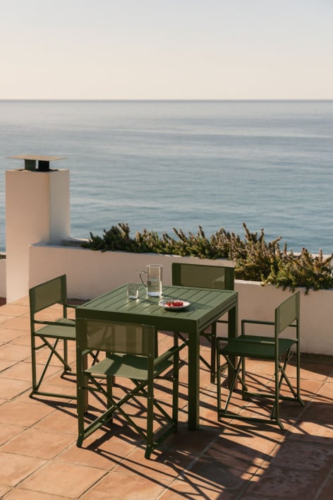 Starmi 90-180x90 cm extendable aluminum table set and 4 Zurena folding director chairs for garden in steel - Deep Olive Green 