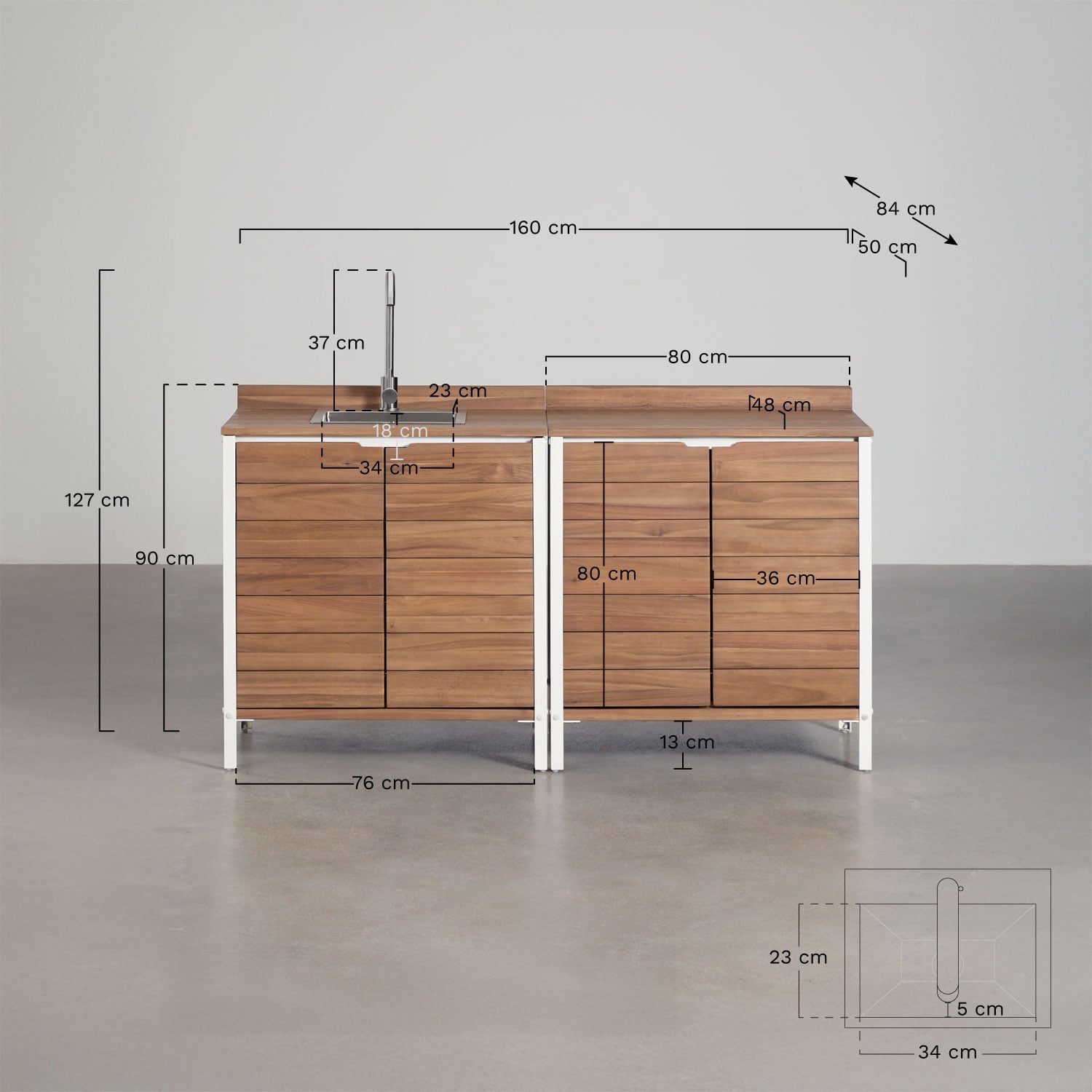 Modular 2-piece outdoor kitchen with sink and storage in acacia wood Reggie, MEASURES