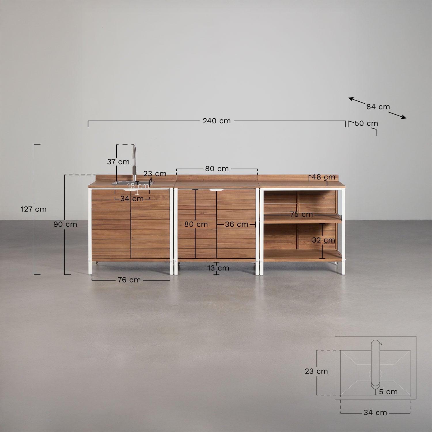 3-piece outdoor modular kitchen with sink and acacia wood storage Reggie, MEASURES
