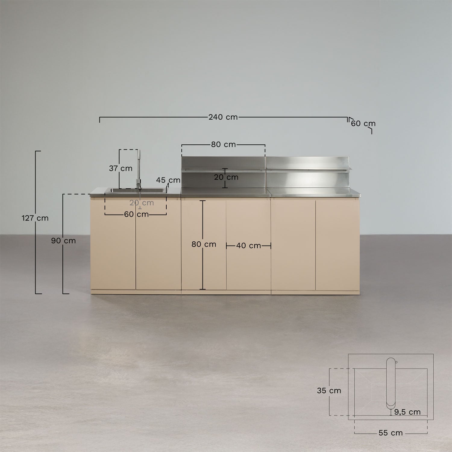 3-piece outdoor modular kitchen with sink, organizer panel, and Rivana steel storage, MEASURES