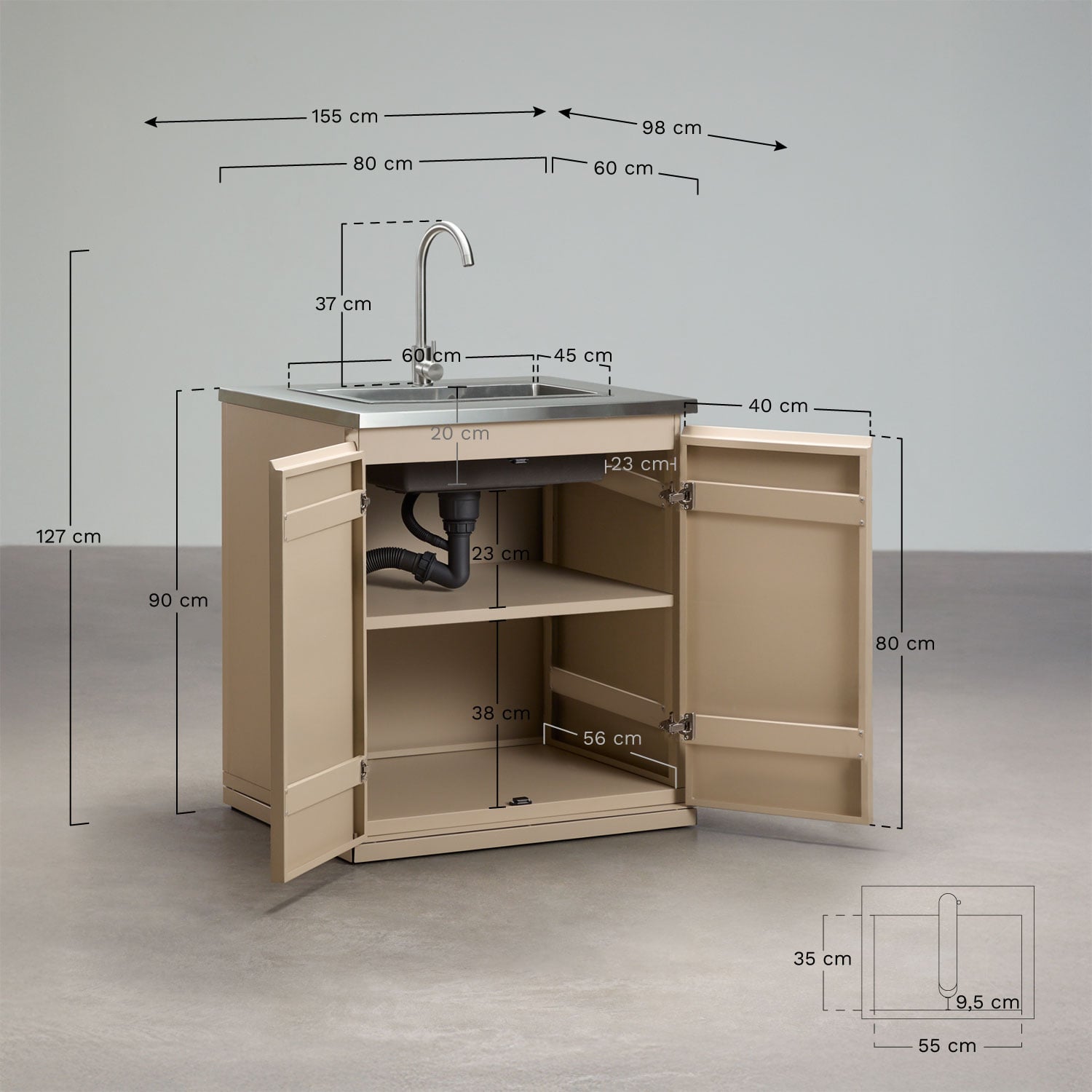 Rivana steel outdoor modular kitchen storage unit with sink, MEASURES