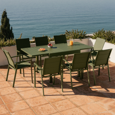 Starmi 90-180x90 Cm Extendable Aluminum Table Set And 8 Stackable Karena Aluminum Garden Chairs Deep Olive Green - Sklum