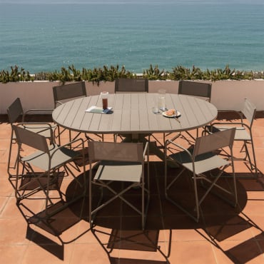 145-200x145 Cm Extendable Barces Aluminum Table Set And 8 Melida Folding Garden Director Chairs In Steel Moka Brown - Sklum