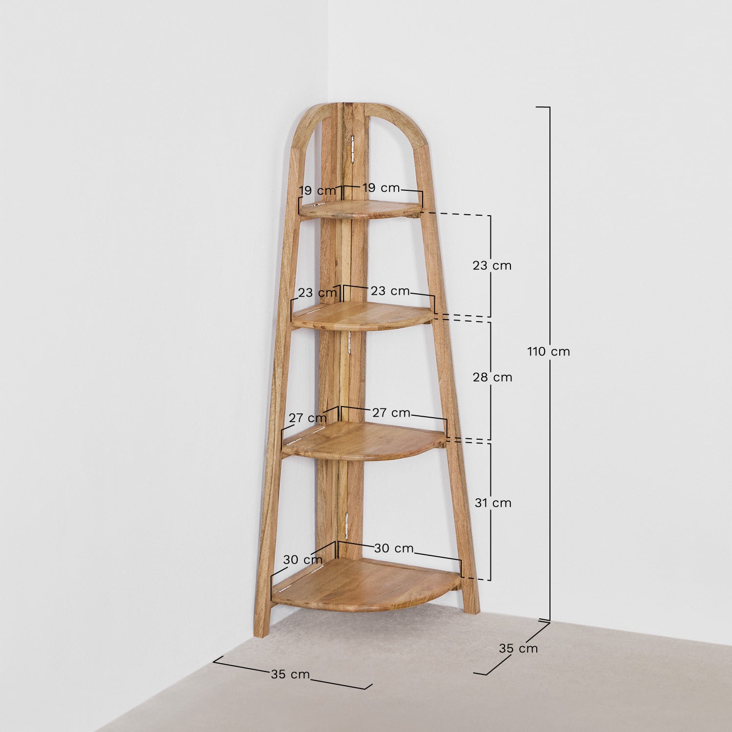 Shelby mango wood corner shelf, MEASURES