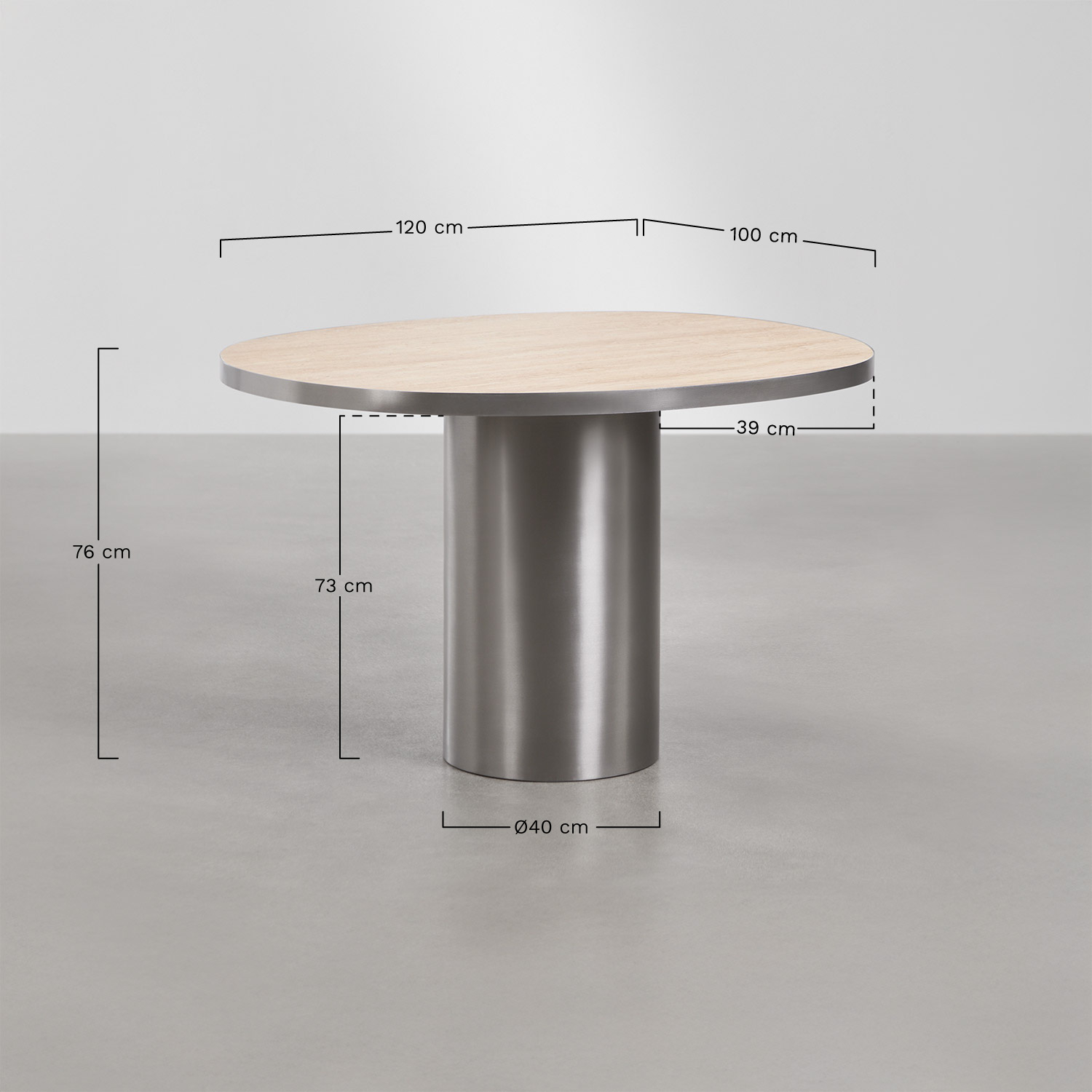Fertrix oval dining table 120x100 cm in natural stone and stainless steel, MEASURES