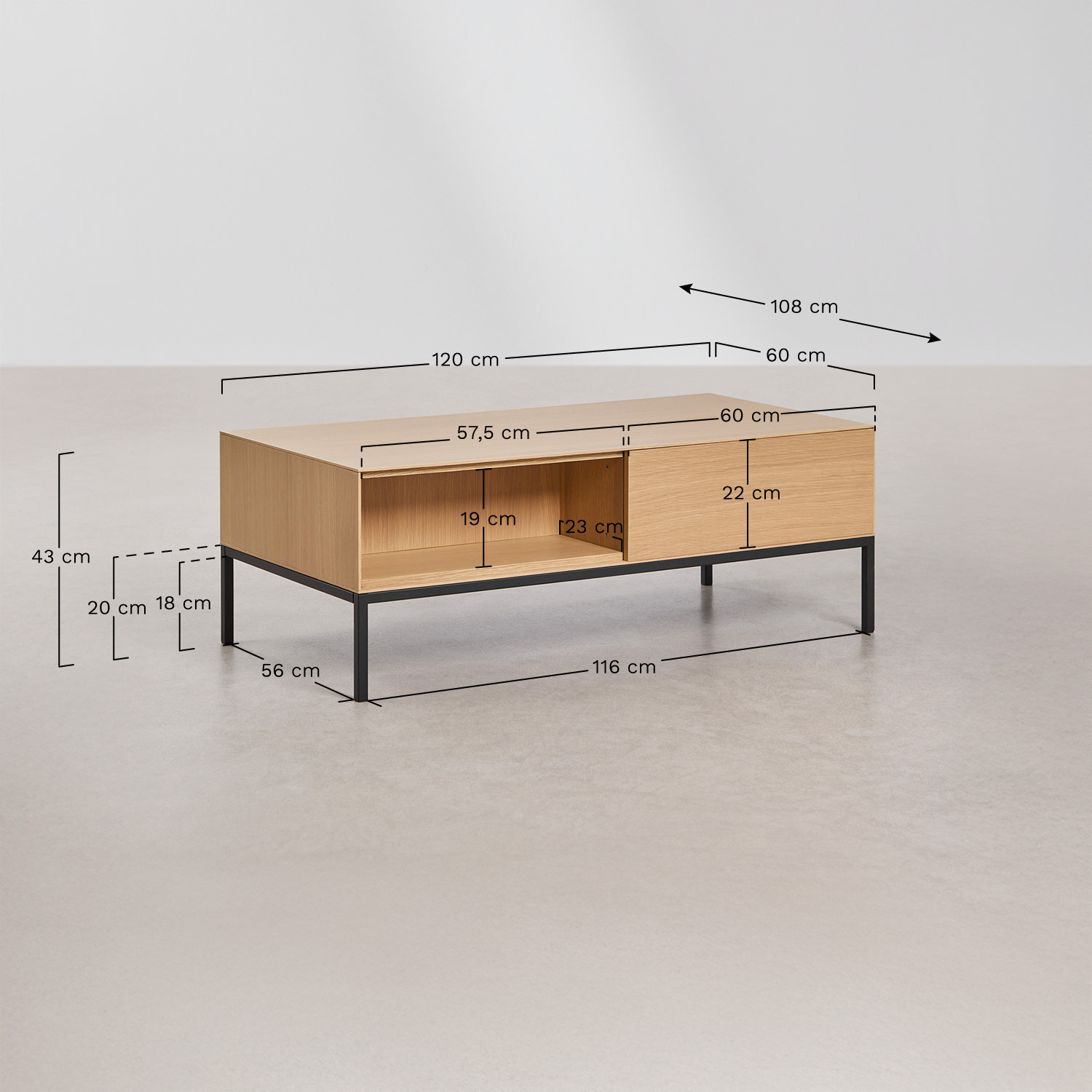 Rectangular coffee table 120x60 cm in MDF and Bromley oak veneer, MEASURES