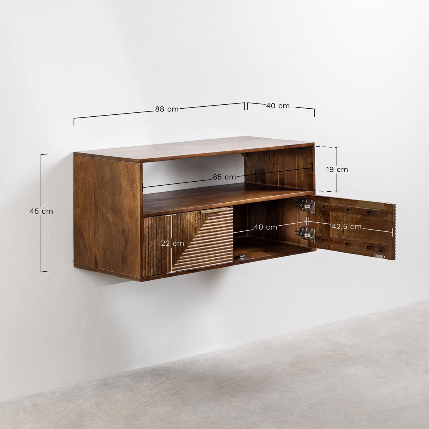 Baty suspended bathroom furniture set in mango wood, MEASURES