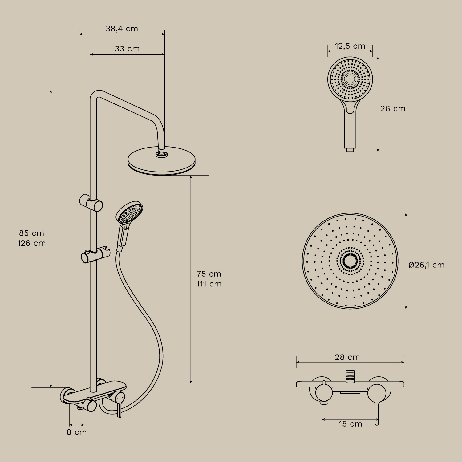 Patricia aluminum shower column, MEASURES