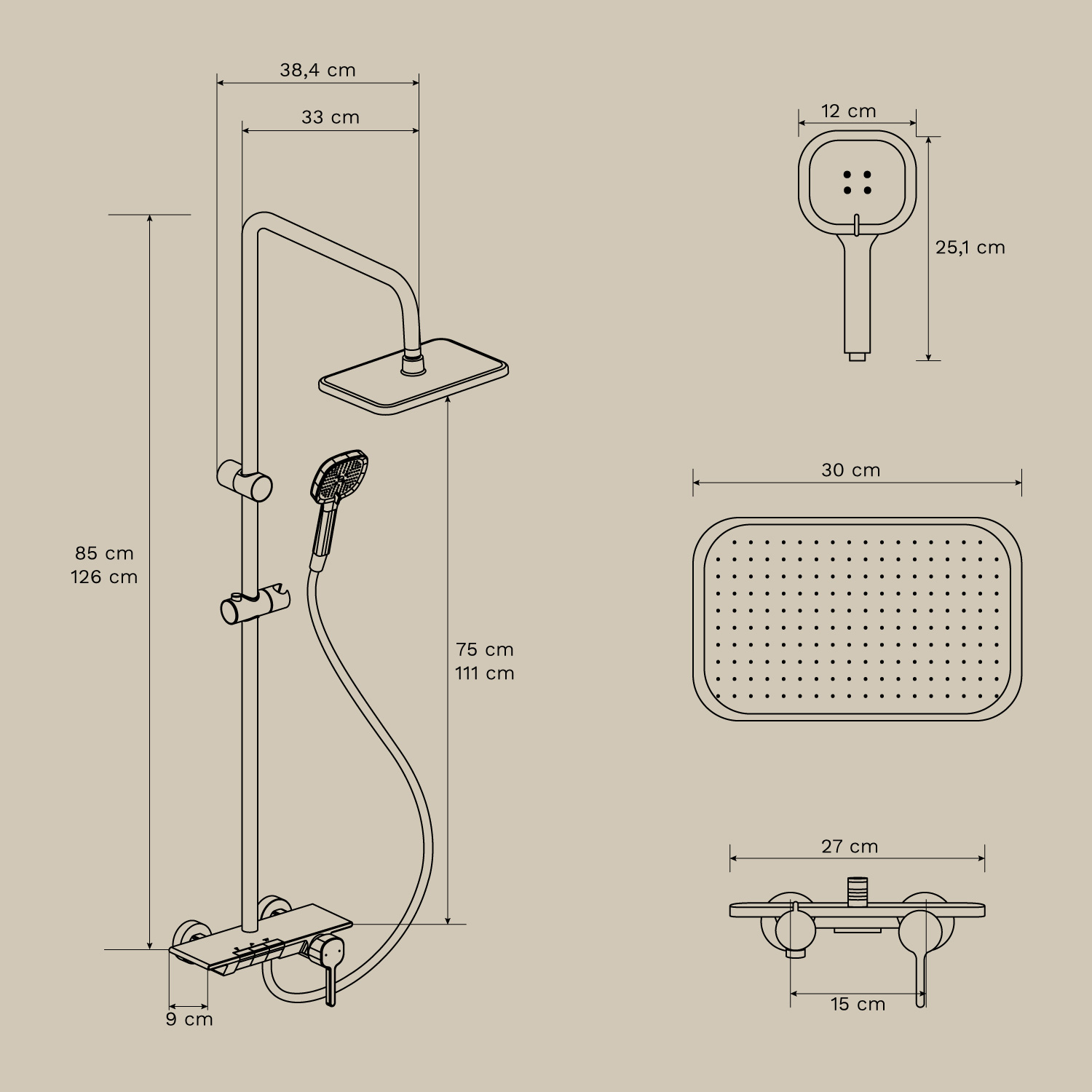 Almudena aluminum shower column, MEASURES
