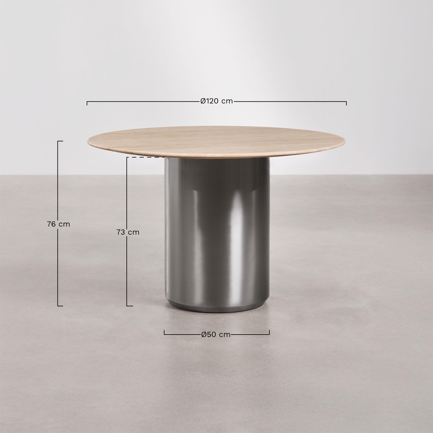 Luceida round dining table Ø120 cm in stainless steel, MEASURES