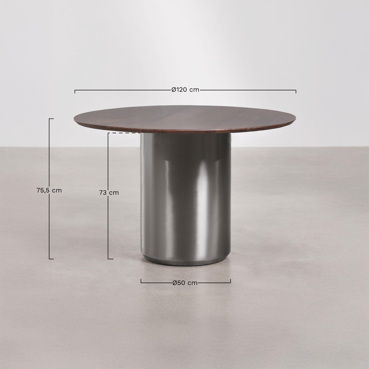 Luceida round dining table Ø120 cm in stainless steel, MEASURES