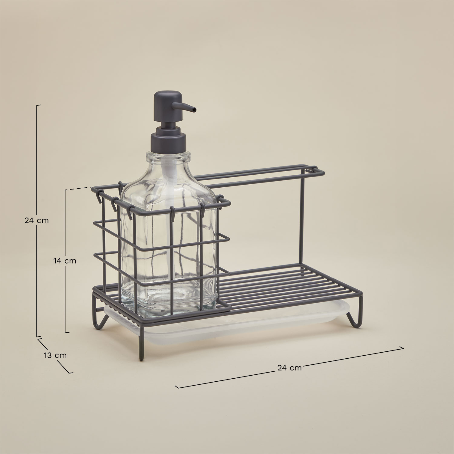 Darcei kitchen soap dispenser in iron and glass, MEASURES