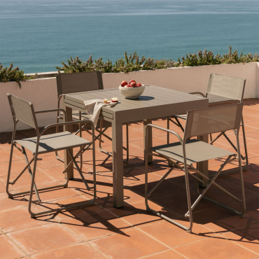 Rectangular Extendable Table Set 90-180x90 Cm In Starmi Aluminum And 4 Folding Garden Director Chairs In Melida Steel Moka Brown - Sklum