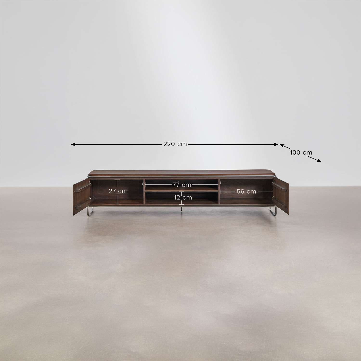 Acacia wood and stainless steel TV cabinet Altrex, MEASURES