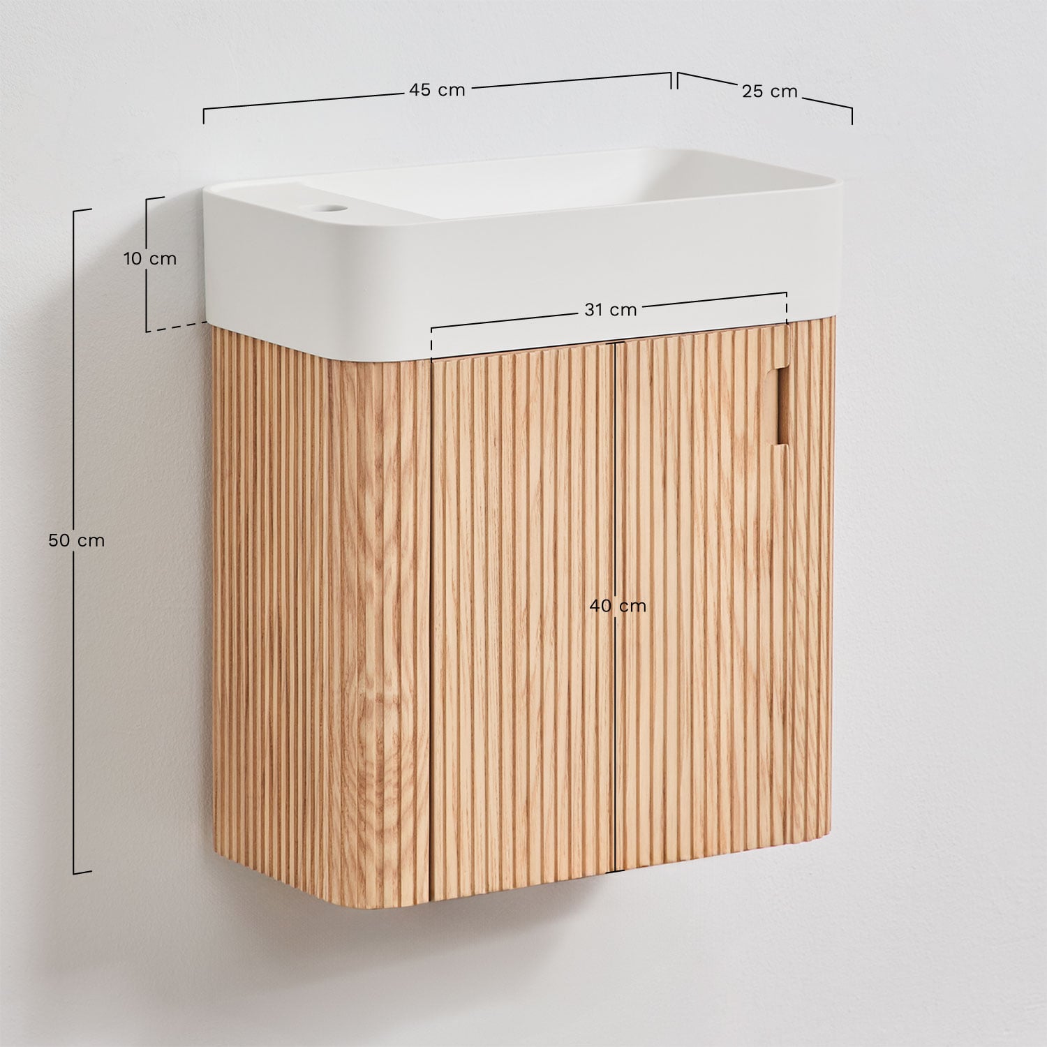 Suspended wooden bathroom furniture set with integrated sink Aizea, MEASURES