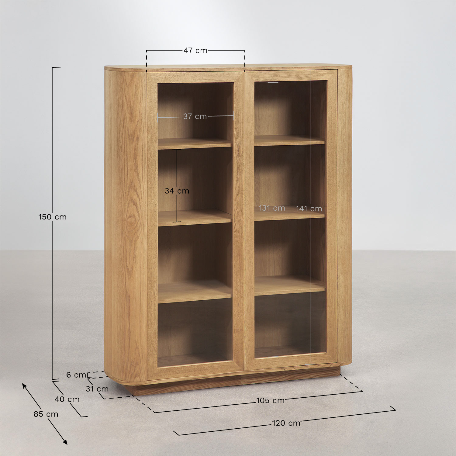 Walia display cabinet in MDF and tempered glass, MEASURES