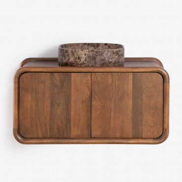 Suspended Bathroom Furniture Set 90x45 Cm In Maupaul Mango Wood Dark Handle Wood & 40x40 Cm Square Brown Marble Tile Francesca & Without Tap - Sklum