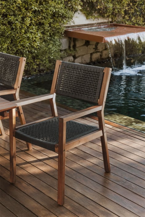 Tenay Square garden chair with acacia wood armrests and braided rope - Grey Anthracite