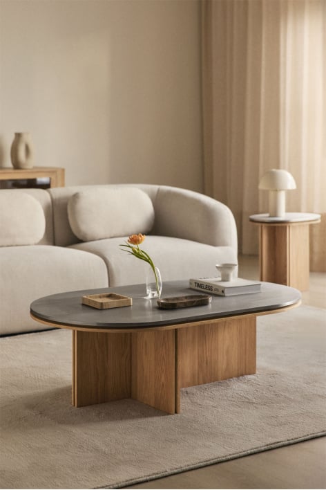 Oval coffee table 120x70 cm in oak veneer and stainless steel Lindina