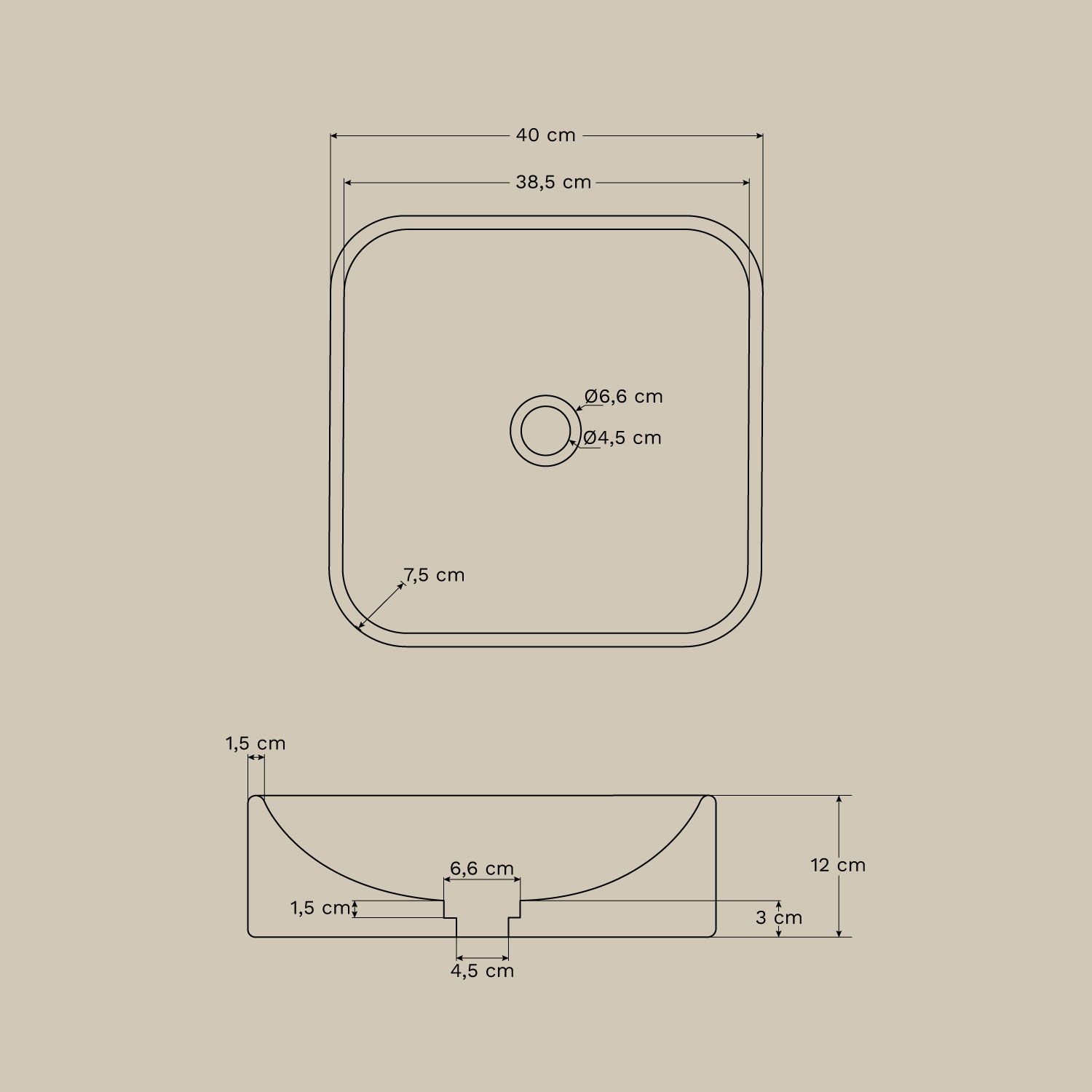 Square washbasin 40x40 cm in Francesca marble, MEASURES