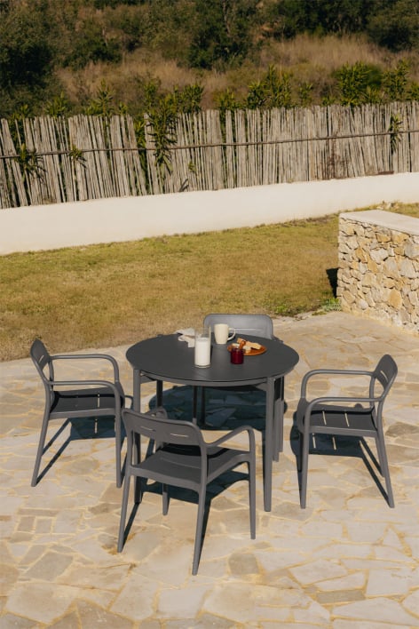 Round table set Ø110 cm in Elton aluminum and 4 stackable garden chairs in Graneli polypropylene