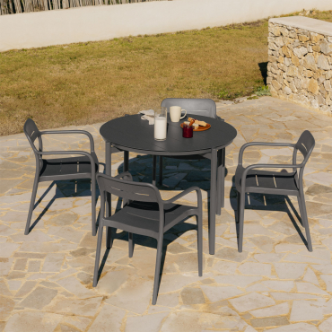 Round Table Set Ø110 Cm In Elton Aluminum And 4 Stackable Garden Chairs In Graneli Polypropylene Grey Graphite - Sklum