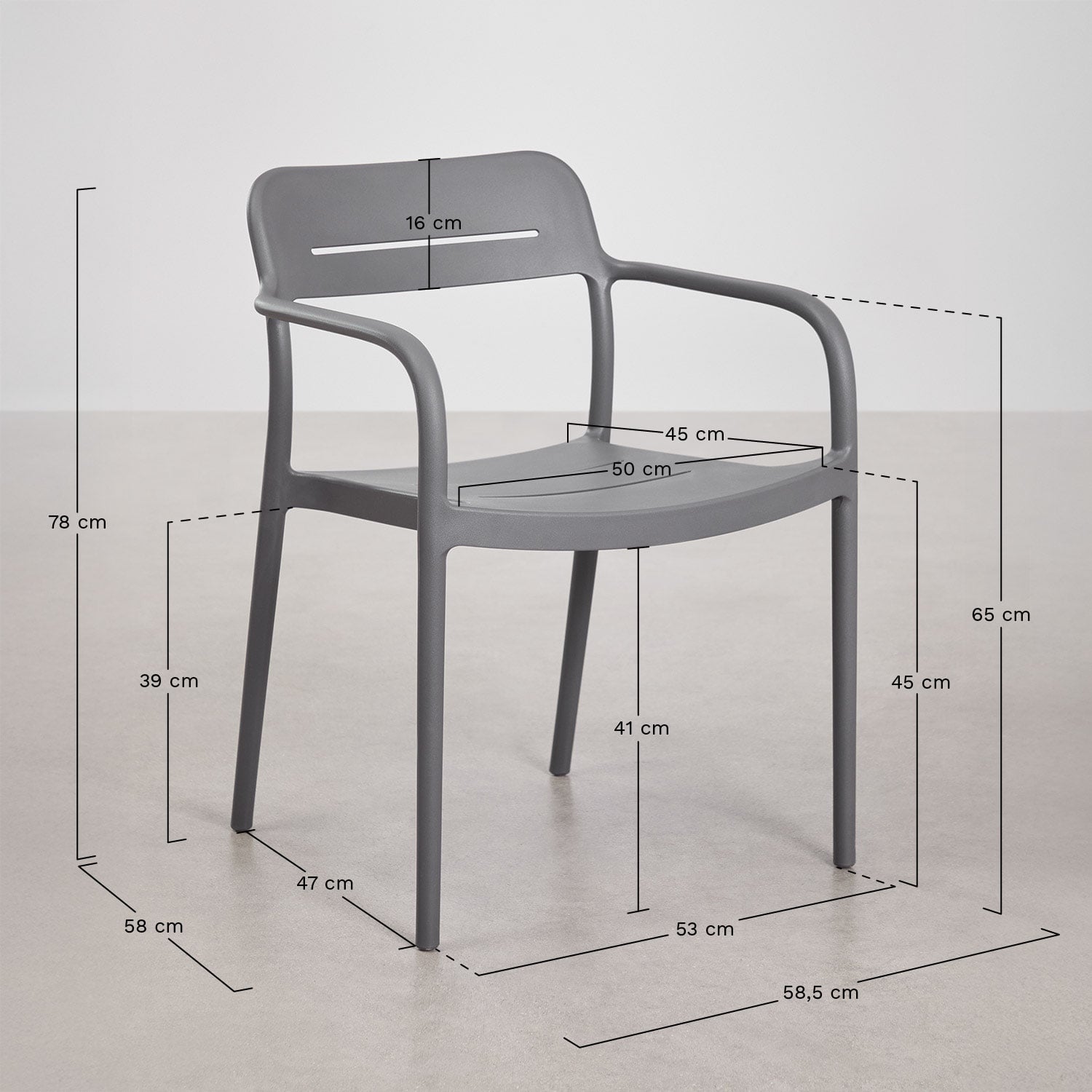 Round table set Ø110 cm in Elton aluminum and 4 stackable garden chairs in Graneli polypropylene, MEASURES