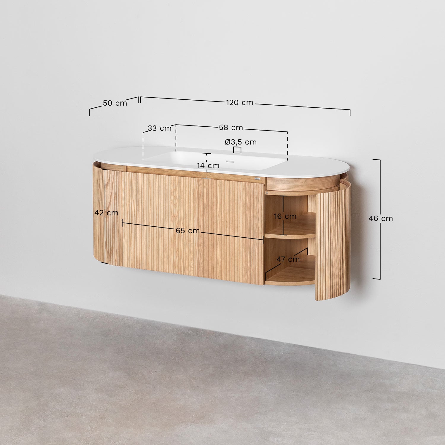 Suspended wooden bathroom furniture set with integrated Carsone sink, MEASURES
