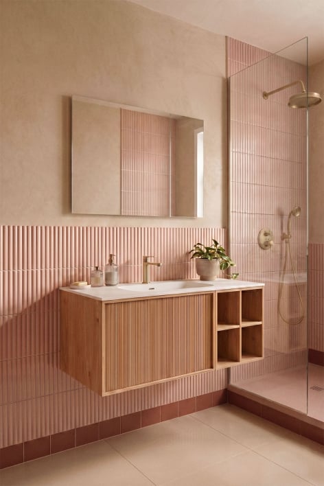 Suspended 120x50 cm wooden bathroom furniture set with integrated sink Endika