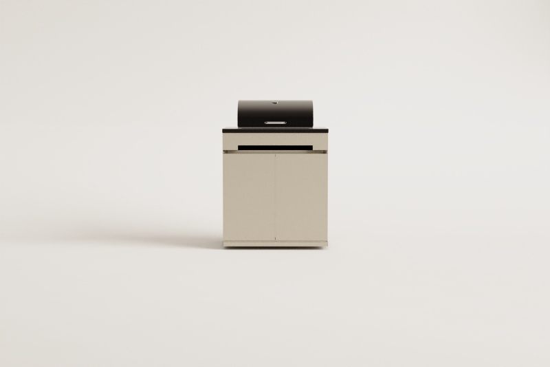 Storage module with charcoal barbecue for Rivana modular outdoor kitchen in steel
