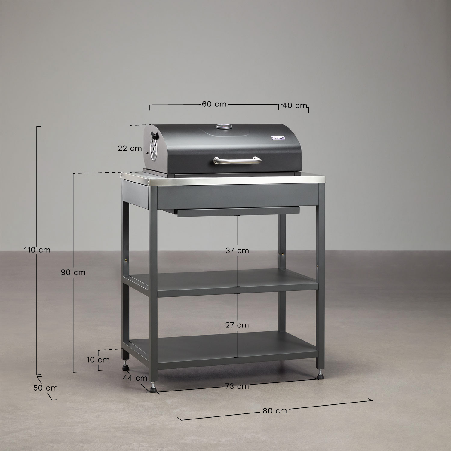 Module with charcoal barbecue for Savona modular outdoor kitchen in steel, MEASURES