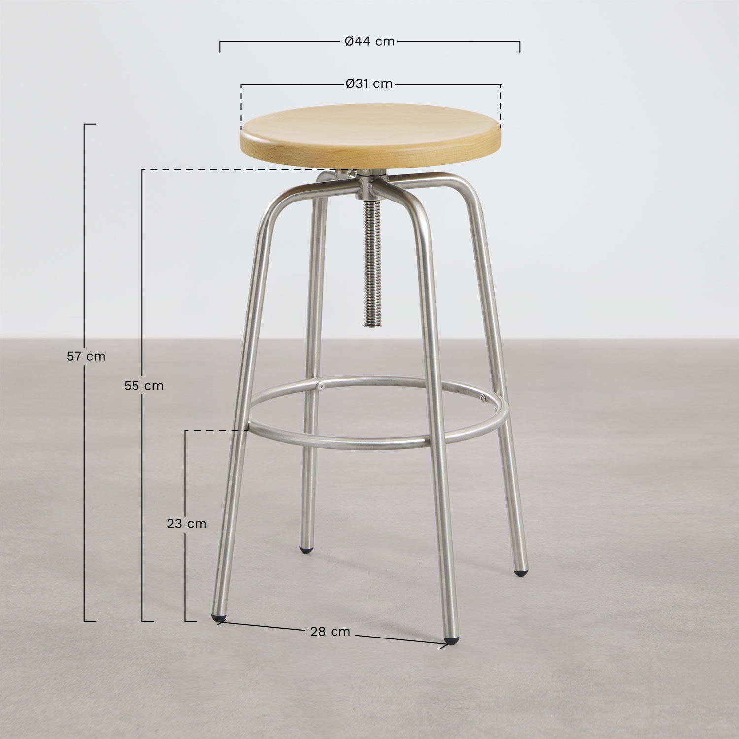 Adjustable high stool in stainless steel and beech wood Bangalore, MEASURES