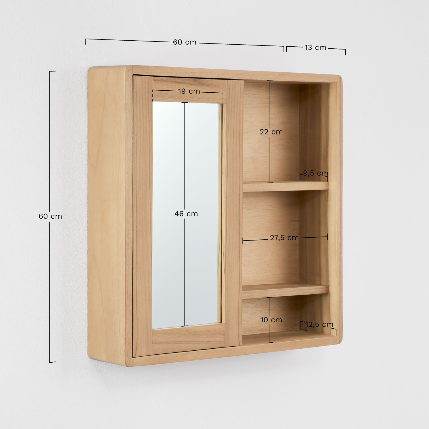 Square 60x60 cm wall cabinet for bathroom in teak wood with rectangular mirror Ian, MEASURES