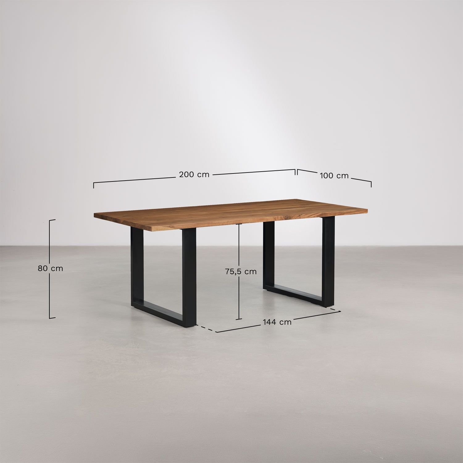 Rectangular dining table 200x100 cm in acacia wood and steel Milet, MEASURES