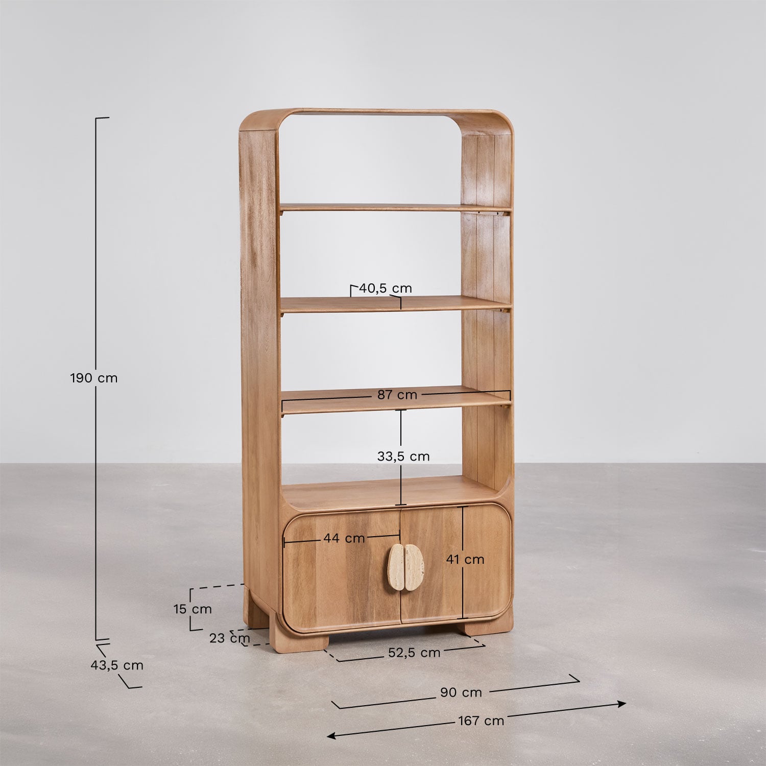Kivalina 190 cm shelf in mango wood and natural stone, MEASURES