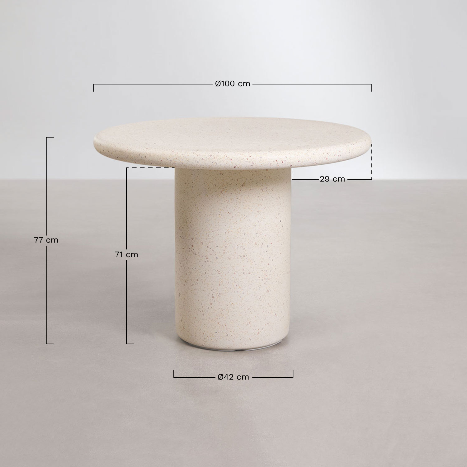 Round garden table in Emiria cement, MEASURES