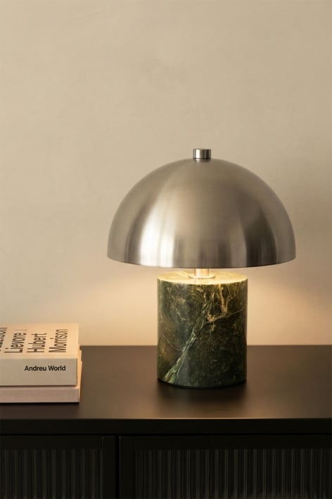 Wireless LED table lamp in iron and natural stone Nicolas - Green Marble Forest