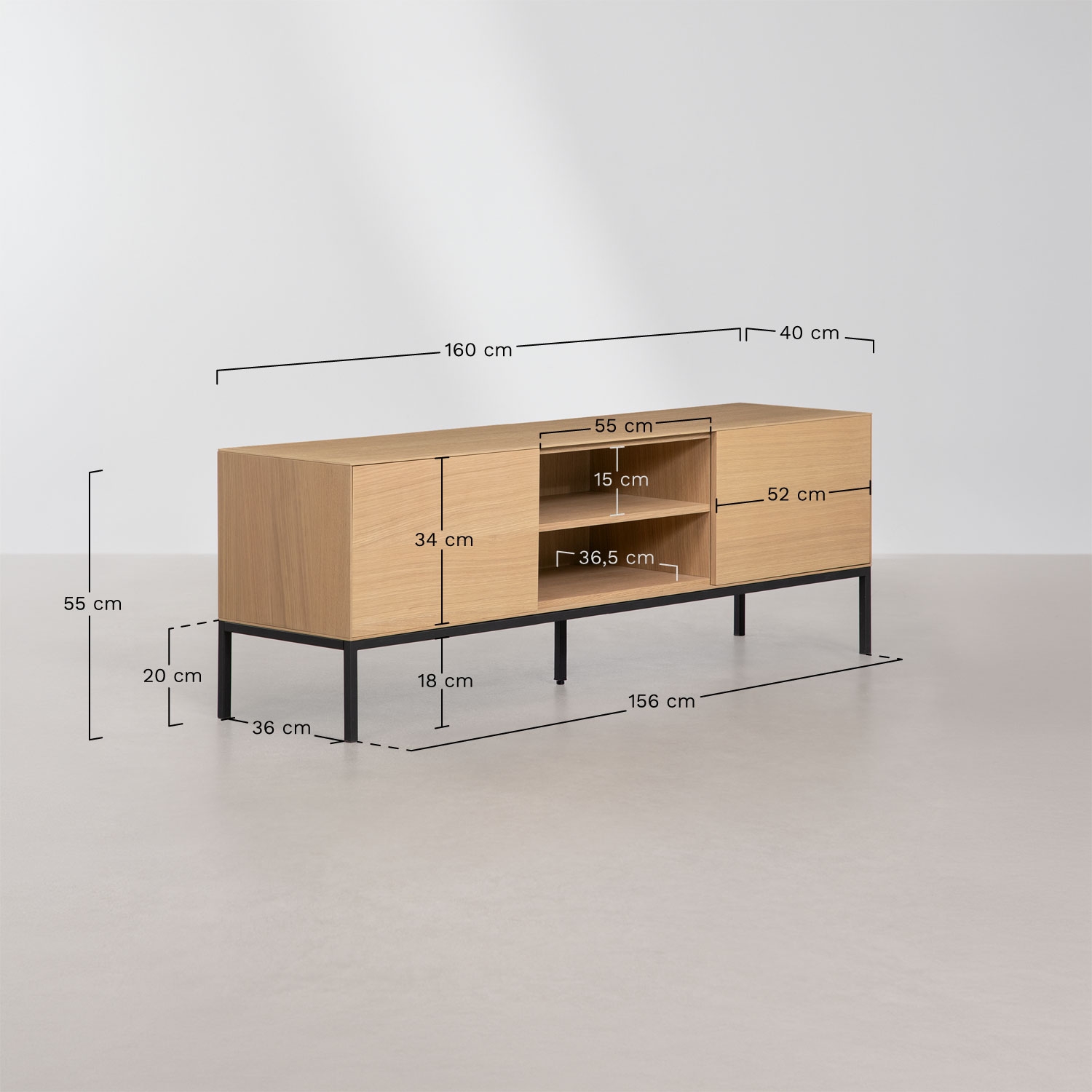 Bromley 160x40 cm TV cabinet in MDF and oak veneer, MEASURES