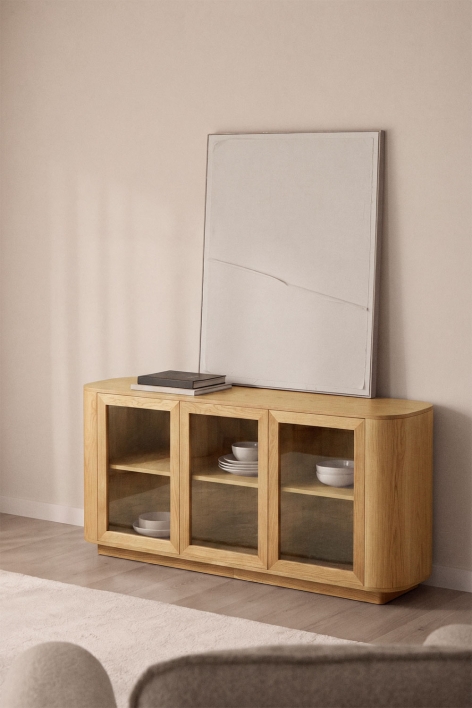 Rectangular sideboard 160x40 cm in oak brown MDF and tempered glass Walia