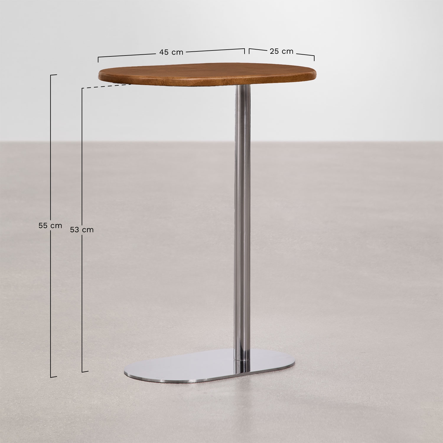Oval side table 45x25 cm in stainless steel Lumair, MEASURES