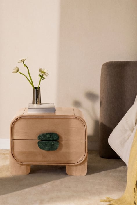 Kivalina 50x35 cm nightstand in mango wood and natural stone - Udaipur green marble - Mango wood