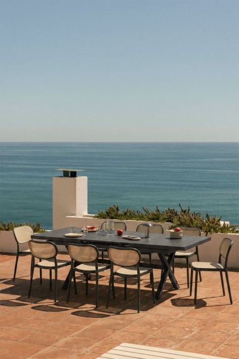Rectangular extendable table set 180-240x90 cm in aluminum Karena and 8 stackable garden chairs in polypropylene Omara
