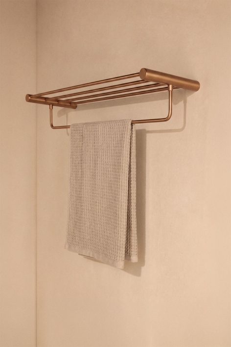 Wall-mounted towel rack with shelf in brushed rose gold stainless steel Devon