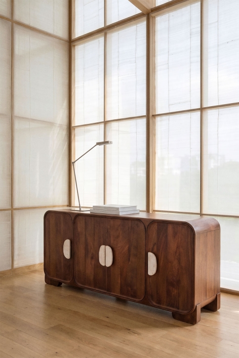 Sideboard 160x45 cm in mango wood and Kivalina natural stone - Travertine - Dark mango wood