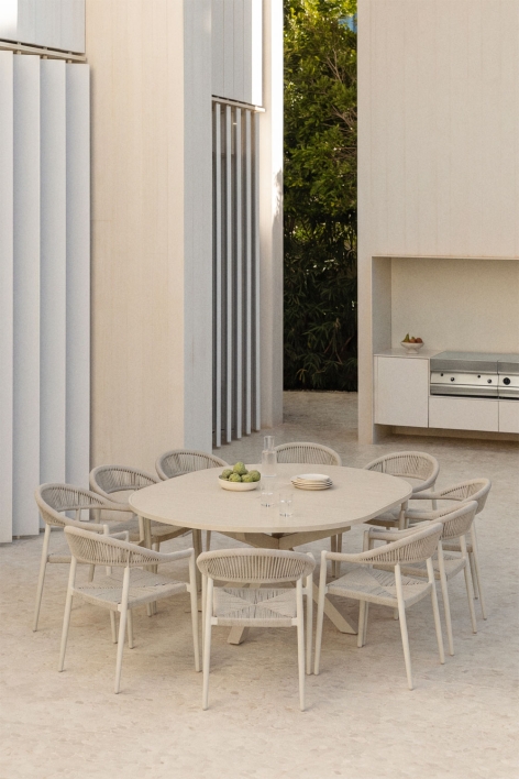 Barces extendable table set 145-200x145 cm and 10 stackable garden chairs with aluminum armrests Amatria