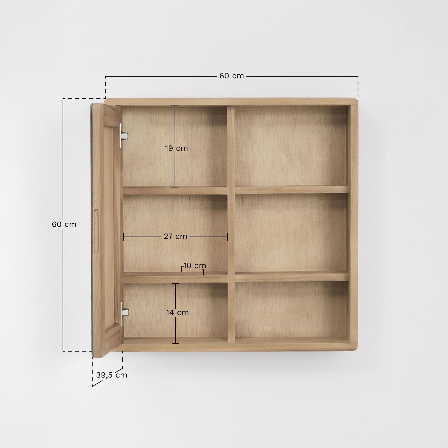 Square 60x60 cm wall cabinet for bathroom in teak wood with mirror Ian, MEASURES