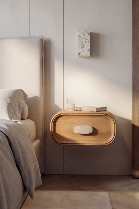 Floating nightstand 50x35 cm in mango wood and natural stone Kivalina - Travertine - Mango wood