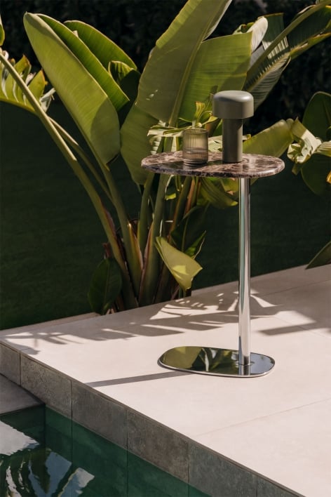 Oval garden side table 45x25 cm in stainless steel and marble Lumair - Brown Marble Emperador